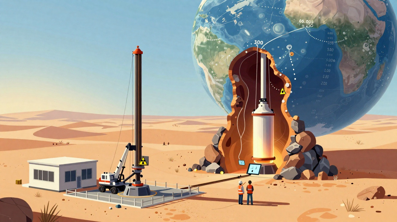 Ilustração futurista de um foguete sendo lançado de uma caverna no deserto com um globo terrestre ao fundo.