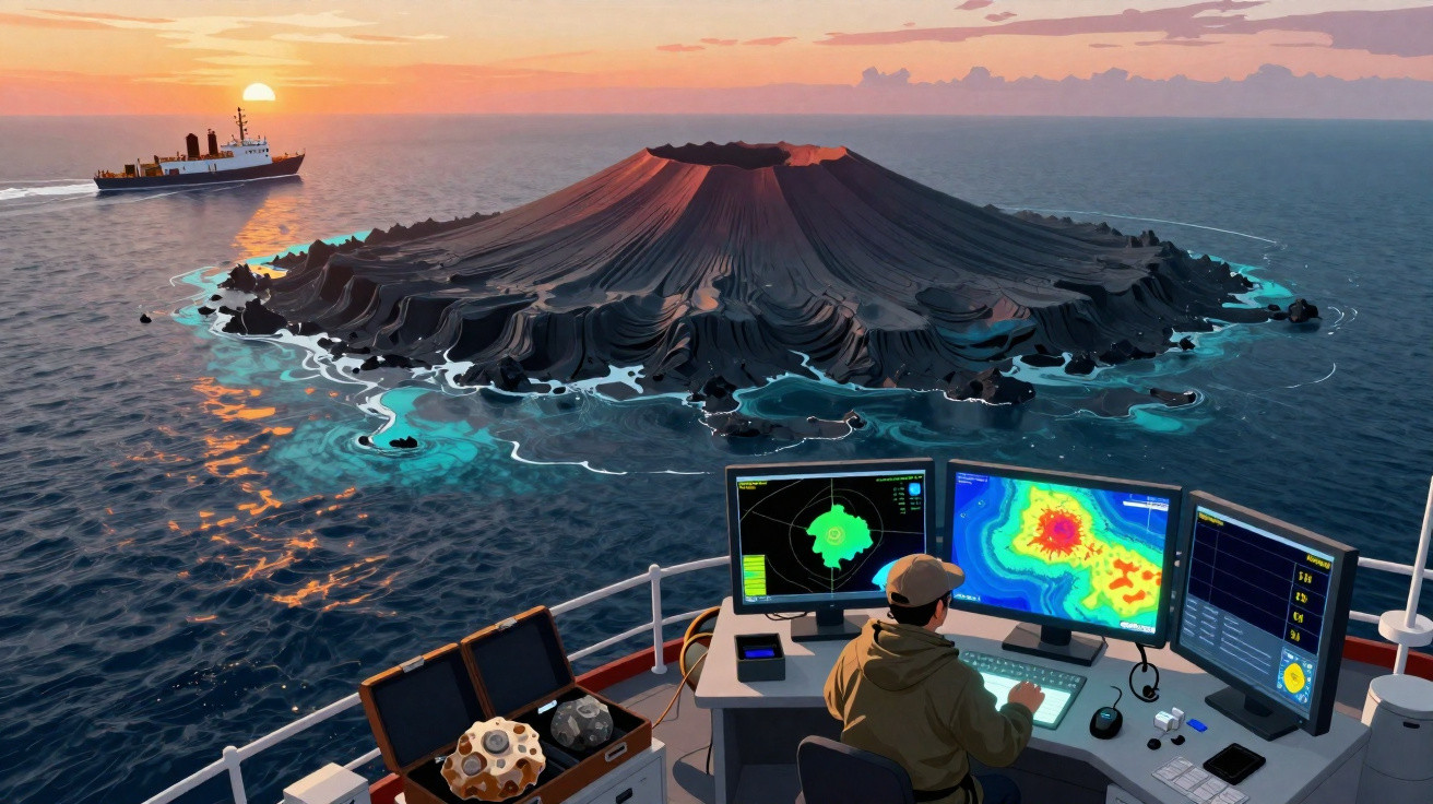 Pesquisador em navio usando tecnologia para monitorar vulcão emergente no mar ao pôr do sol.