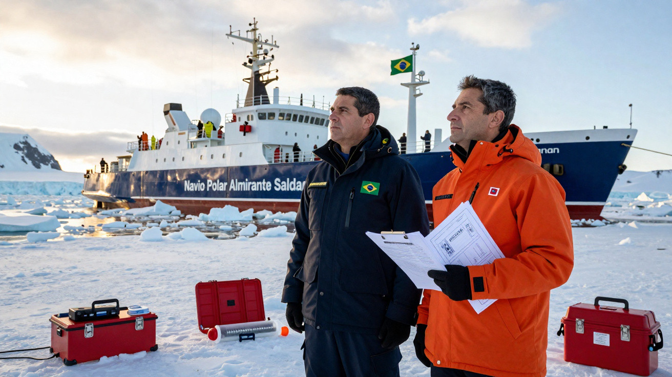 Dois homens com roupas de frio diante de navio polar brasileiro em área gelada com caixas vermelhas ao redor.