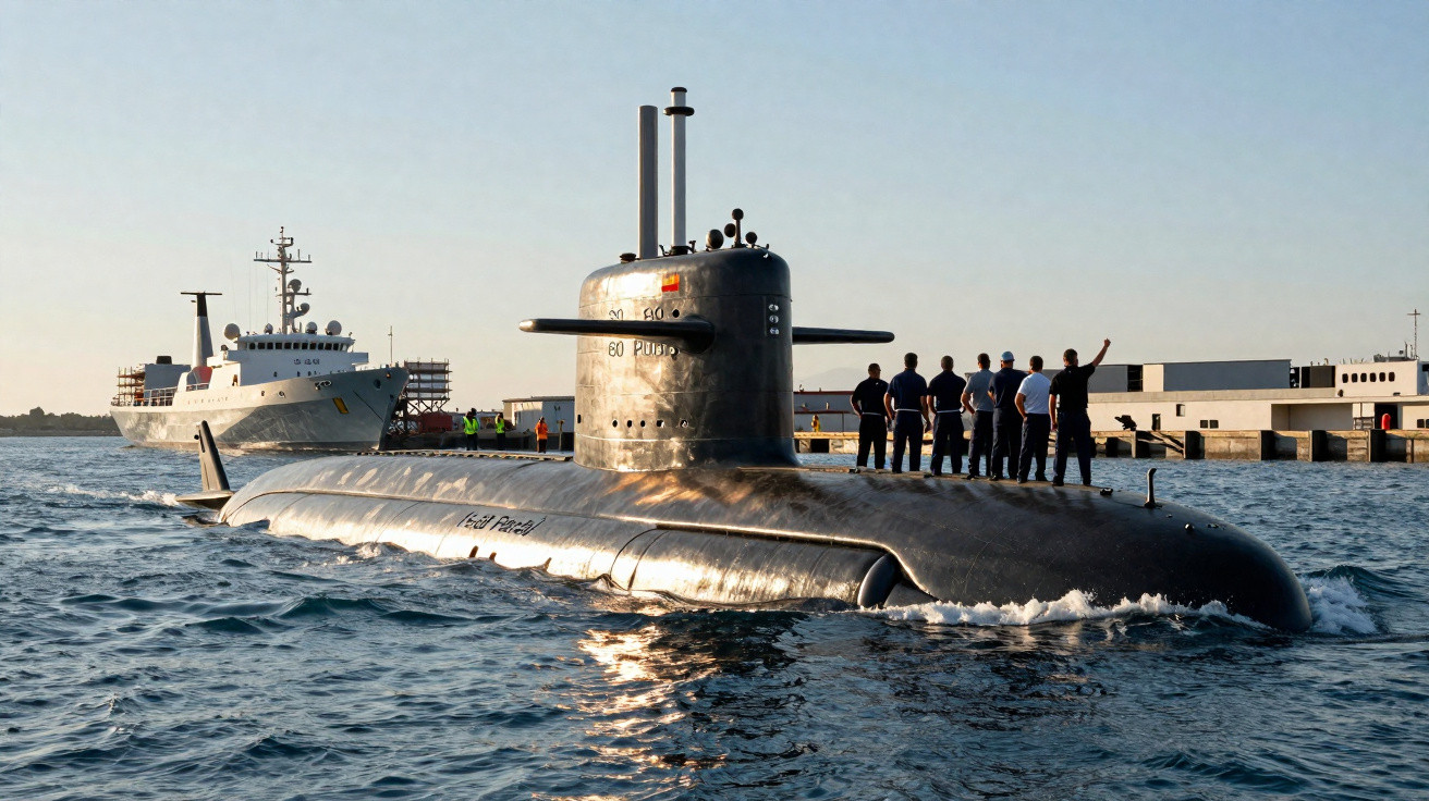 Submarino militar navegando próximo ao porto com tripulação reunida no convés sob luz do pôr do sol.
