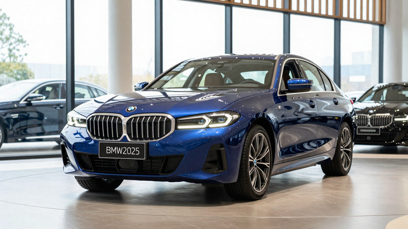 Carro BMW azul modelo 2025 em exposição dentro de showroom iluminado com janelas amplas.