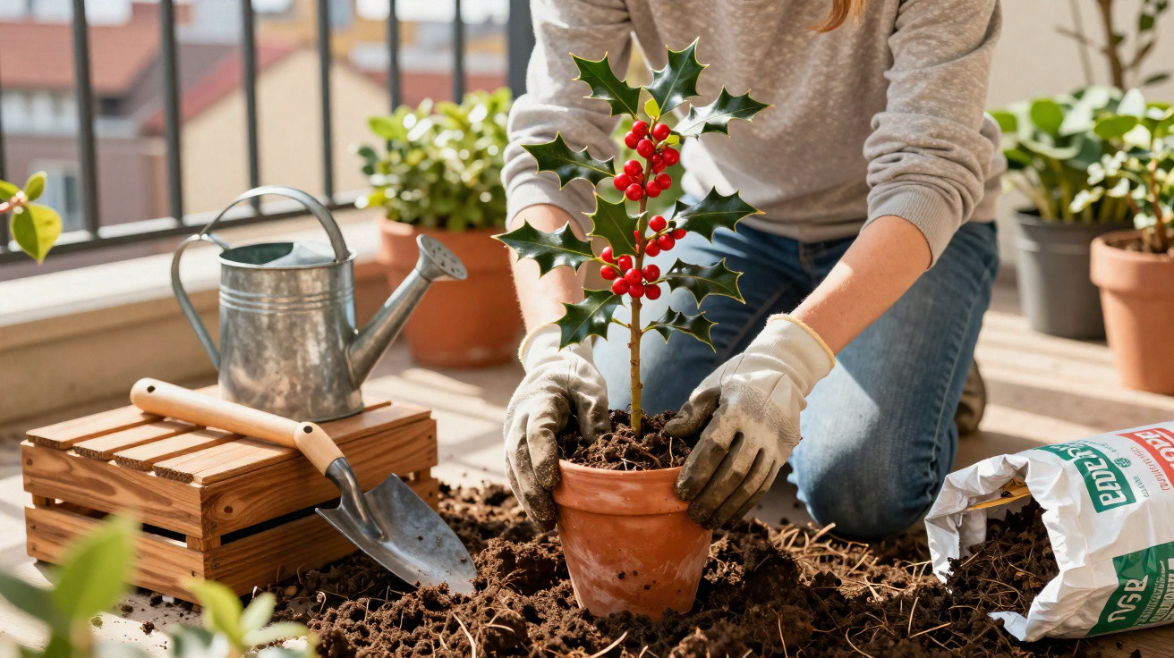Pessoa plantando um arbusto de azevinho em vaso com pá, regador e saco de terra ao redor.