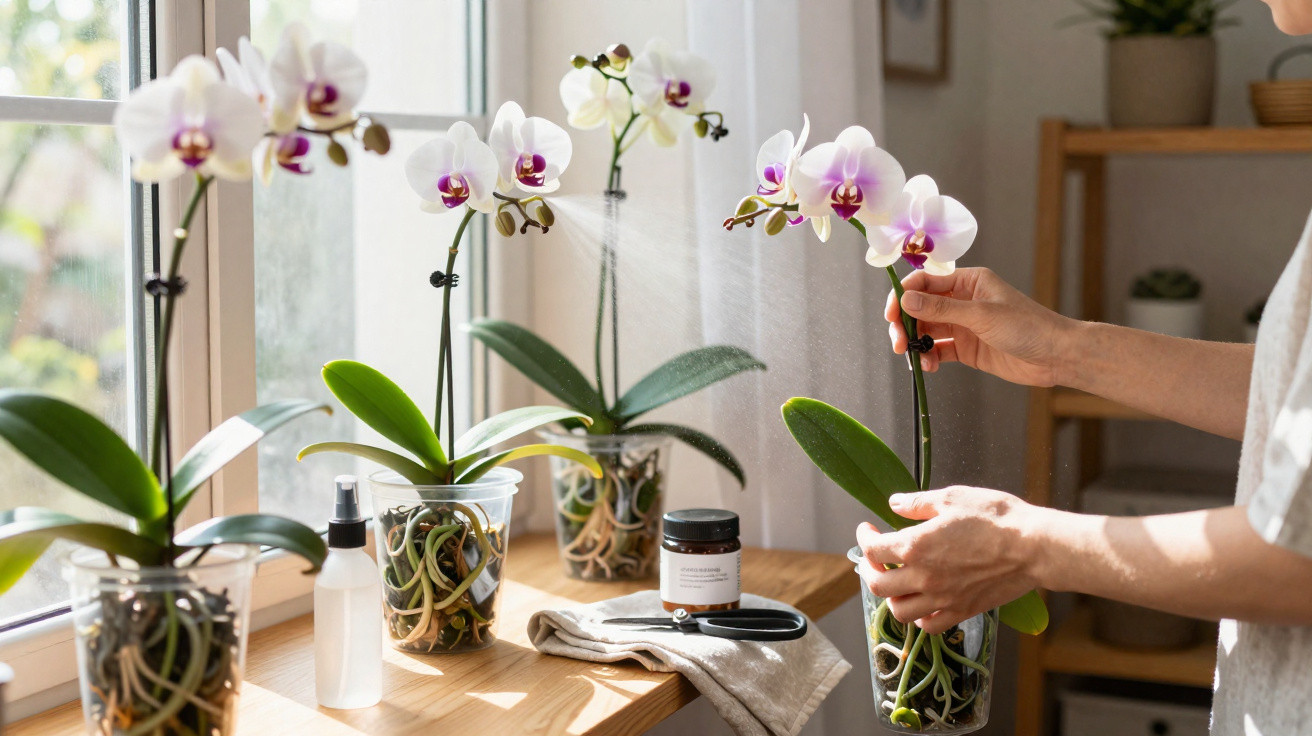 Pessoa cuidando de orquídeas brancas em vaso transparente junto a janela com luz natural.