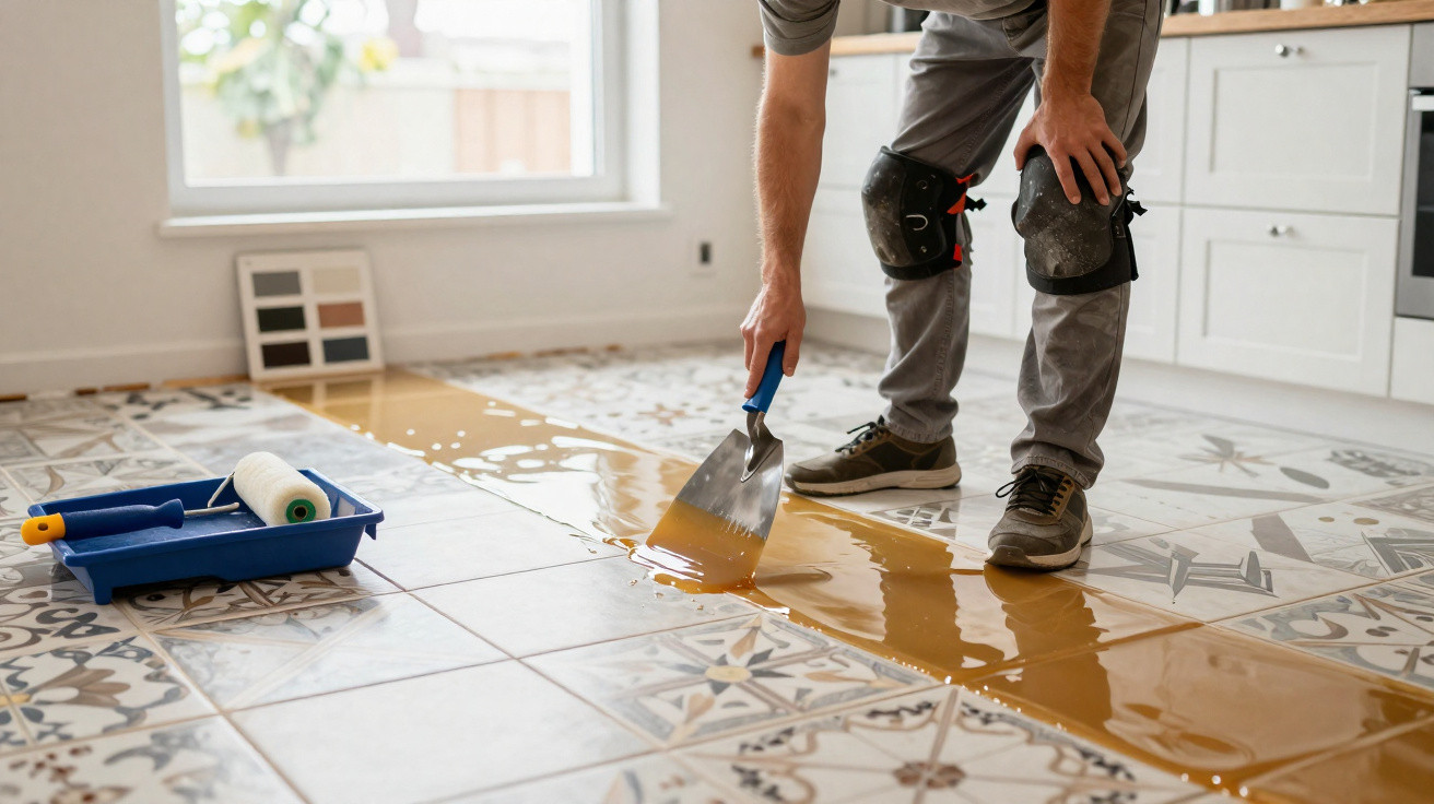 Pessoa aplicando resina epóxi em piso de azulejos com rolo e espátula em cozinha iluminada.