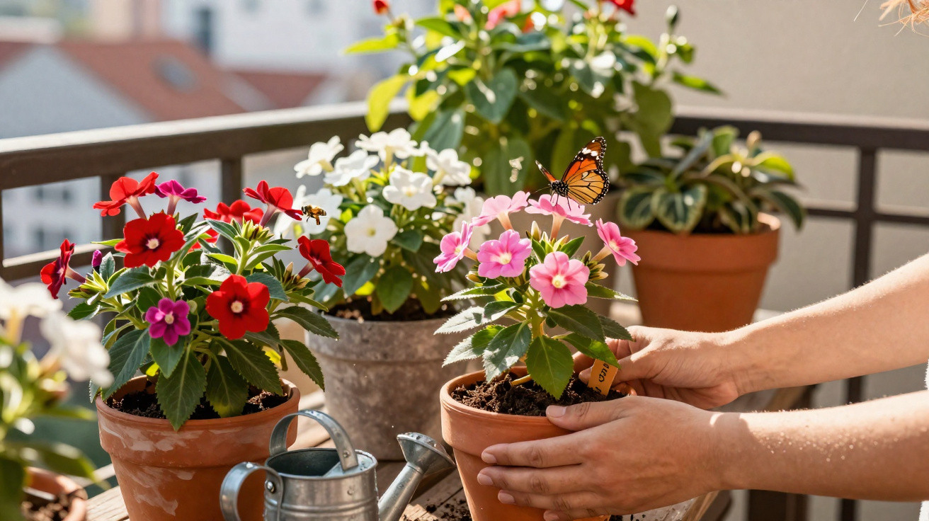 Mãos cuidadosas ajustam vaso com flores coloridas e uma borboleta laranja no jardim do terraço ensolarado.