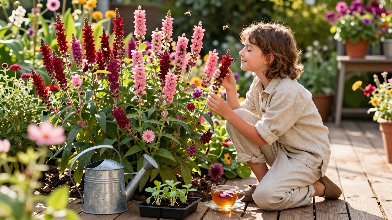 Criança ajoelhada observando flores coloridas em um jardim com regador e xícara de chá ao lado.