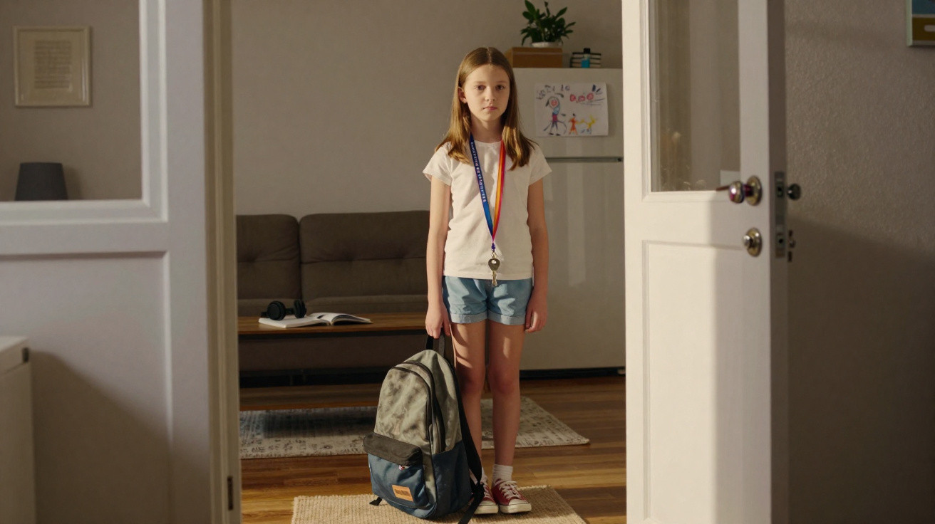 Menina de camiseta branca e shorts jeans segura mochila e usa medalha, parada em sala com sofá e mesa.