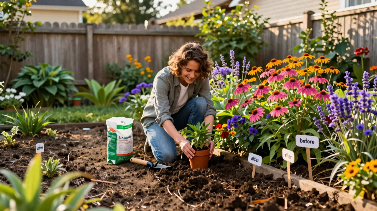 Pessoa sorridente plantando muda em vaso no jardim com flores coloridas ao redor em dia ensolarado.