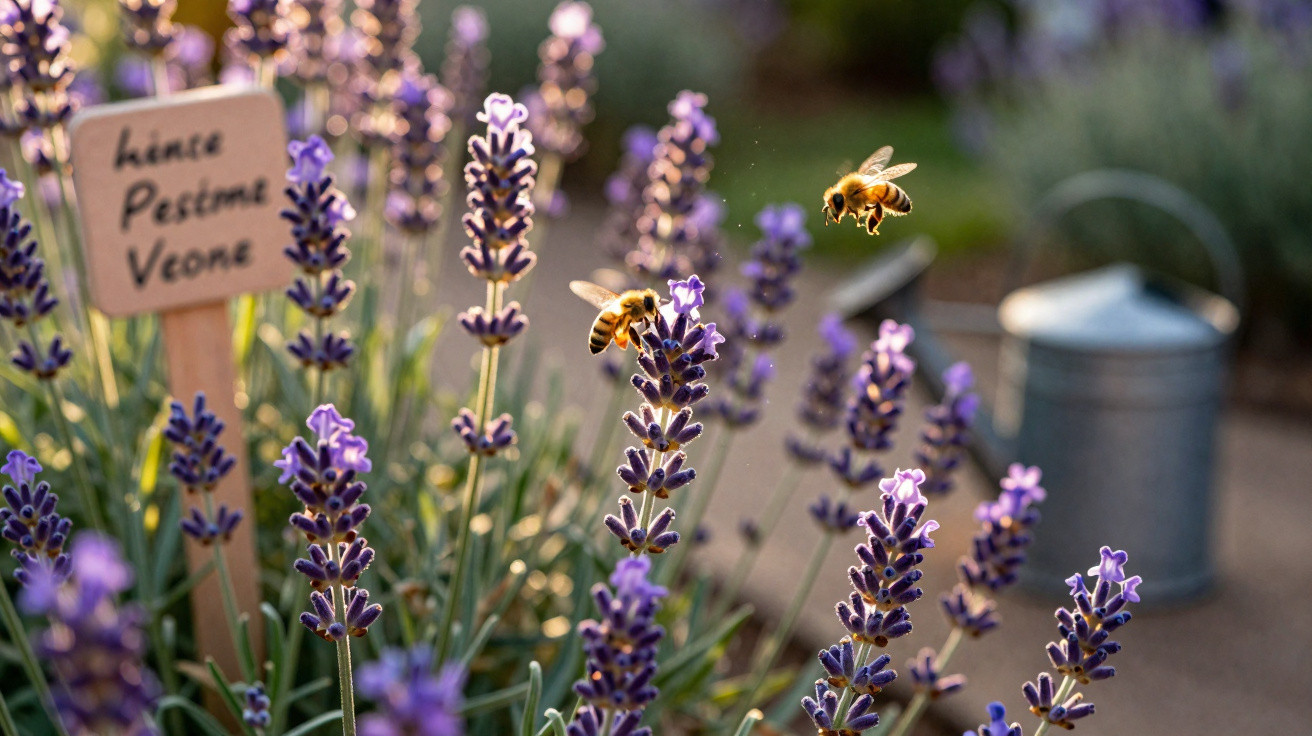 Abelhas voando sobre flores de lavanda roxa em jardim com regador ao fundo.