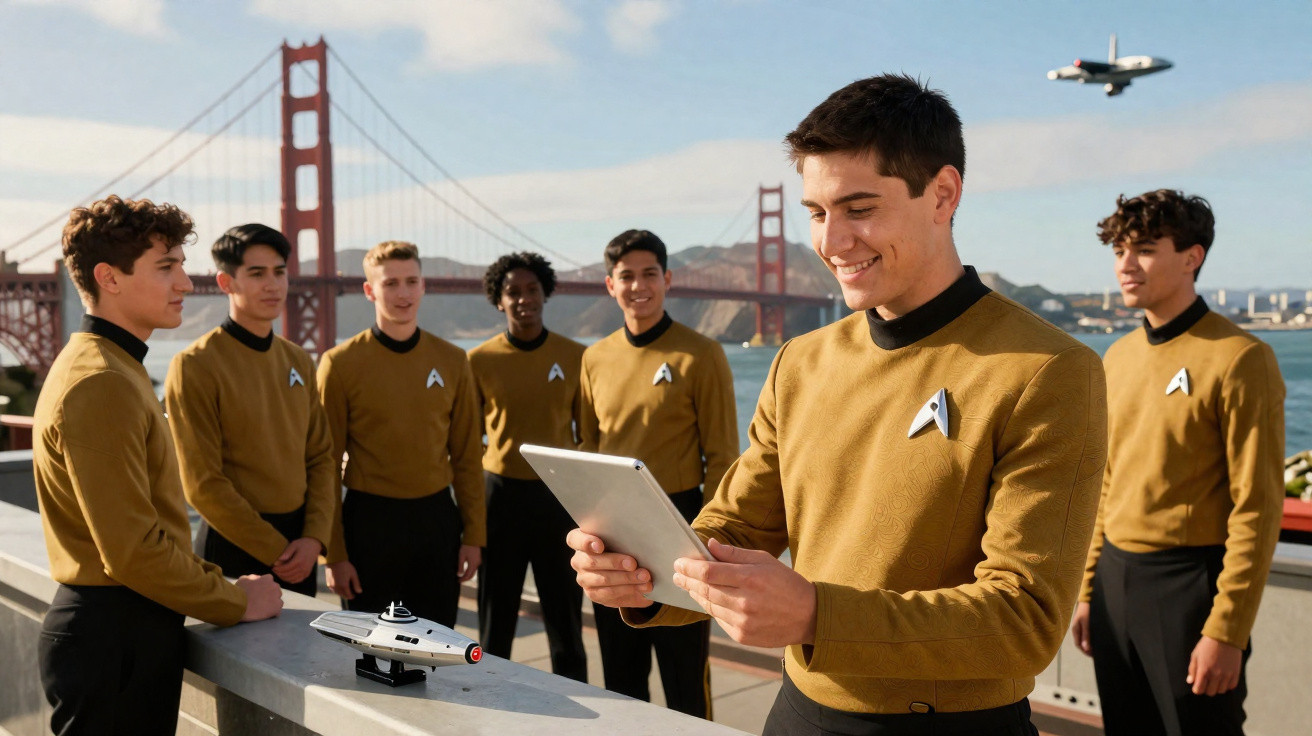 Jovens com uniformes dourados ao ar livre próximo à ponte Golden Gate, observando tablet e nave espacial em miniatura.