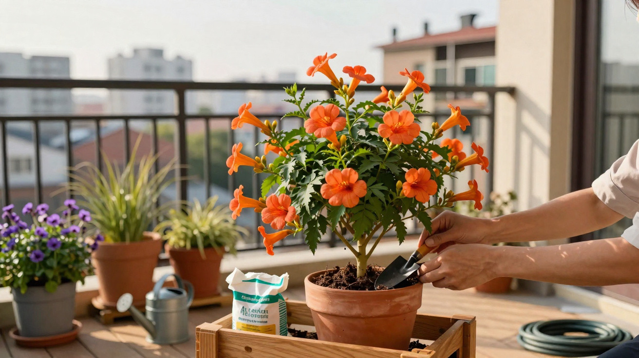 Pessoas cuidando de planta com flores laranjas em vaso no terraço ensolarado de apartamento.