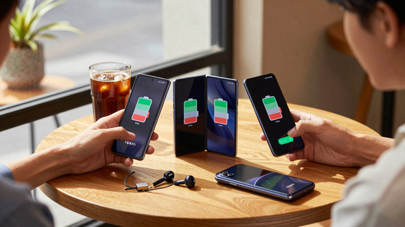 Duas pessoas segurando smartphones com ícones de bateria carregando em mesa com fones e copo de bebida.