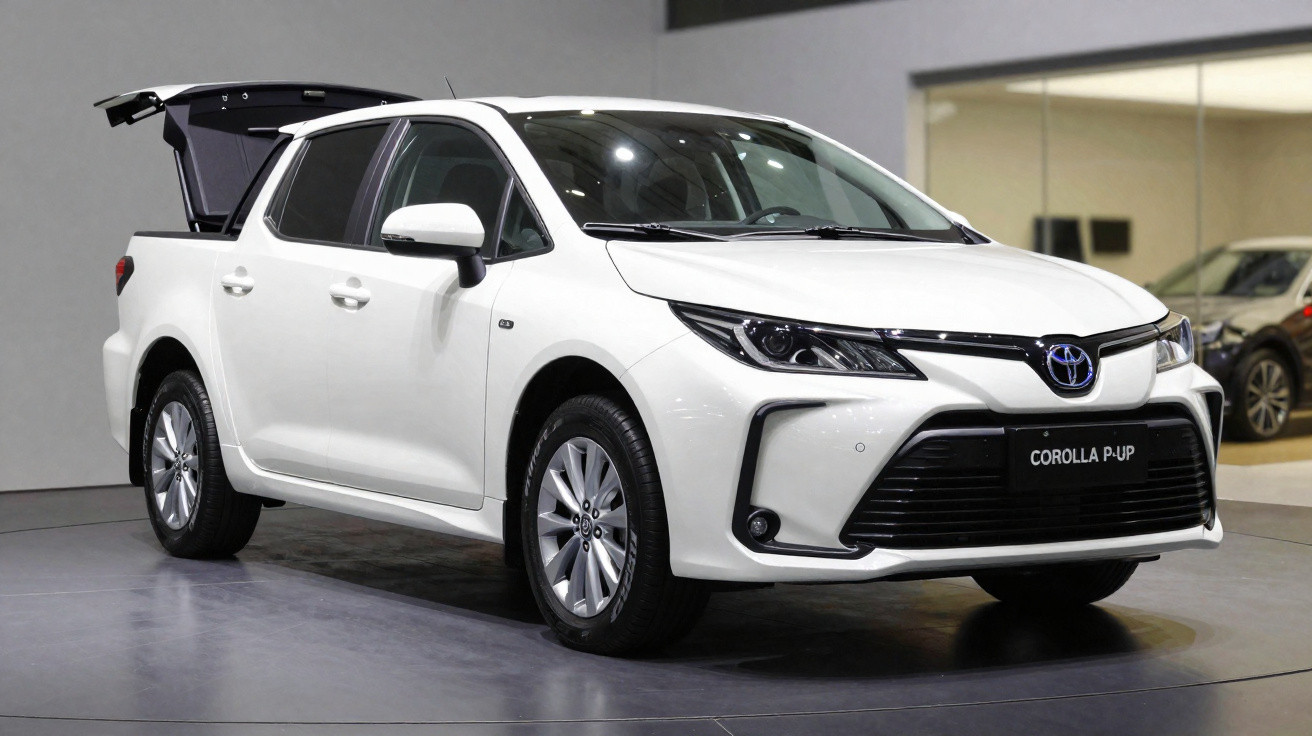 Carro Toyota Corolla P-Up branco com caçamba traseira aberta em showroom moderno.