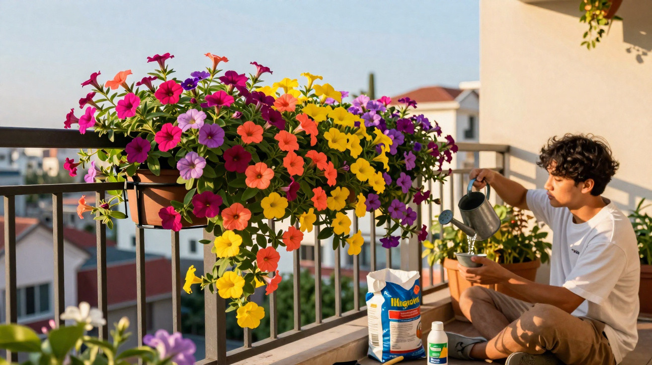 Jovem regando plantas coloridas na varanda de apartamento ao entardecer.