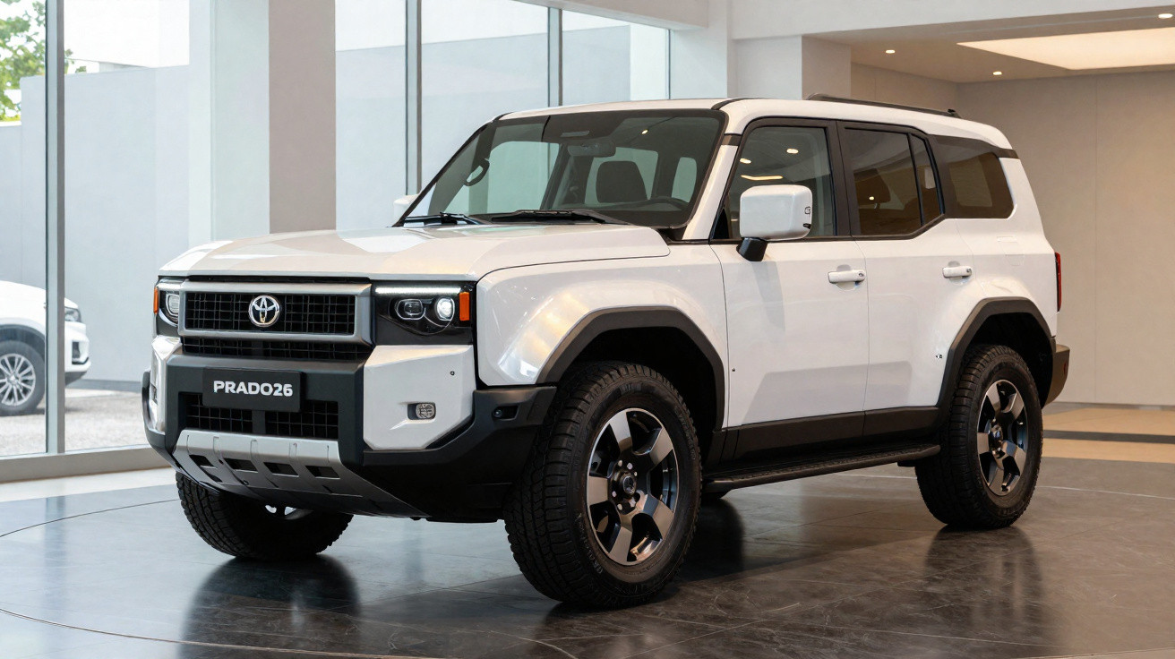 SUV branco Toyota Prado 26 estacionado em showroom moderno com piso escuro.