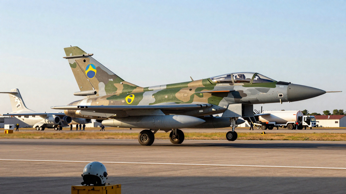 Avião de caça da Força Aérea Brasileira com pintura camuflada em pista de aeroporto ao entardecer.