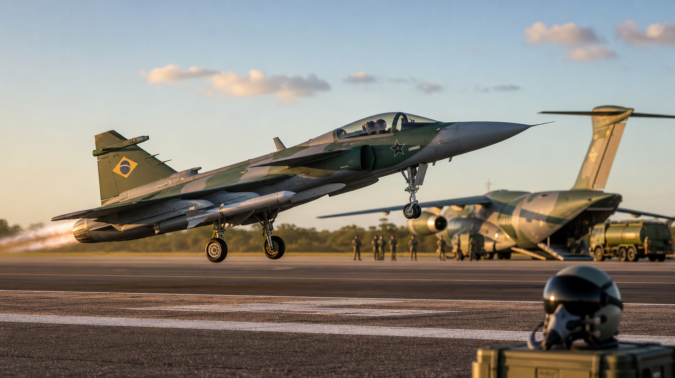 Caça militar brasileiro decolando com avião de transporte e soldados ao fundo em pista ao entardecer.