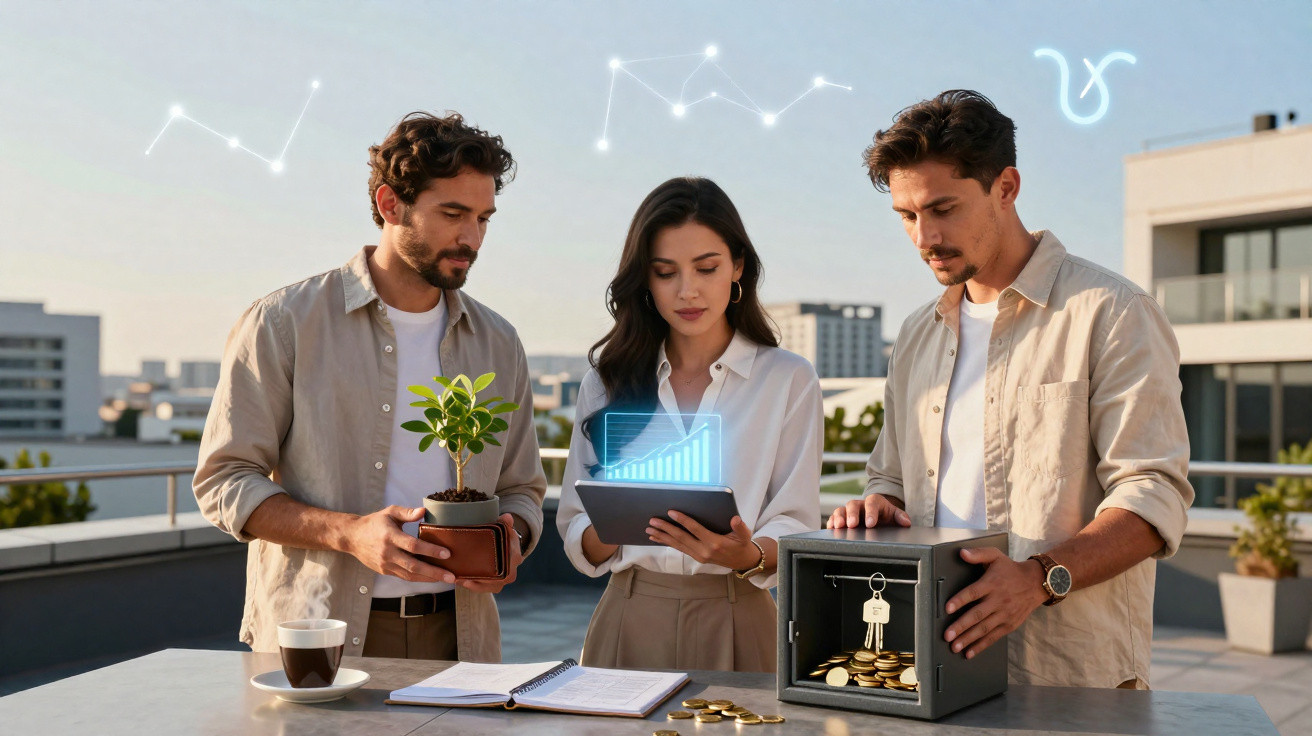 Três pessoas em rooftop com planta, cofre aberto com moedas e mulher segurando tablet com gráficos digitais.