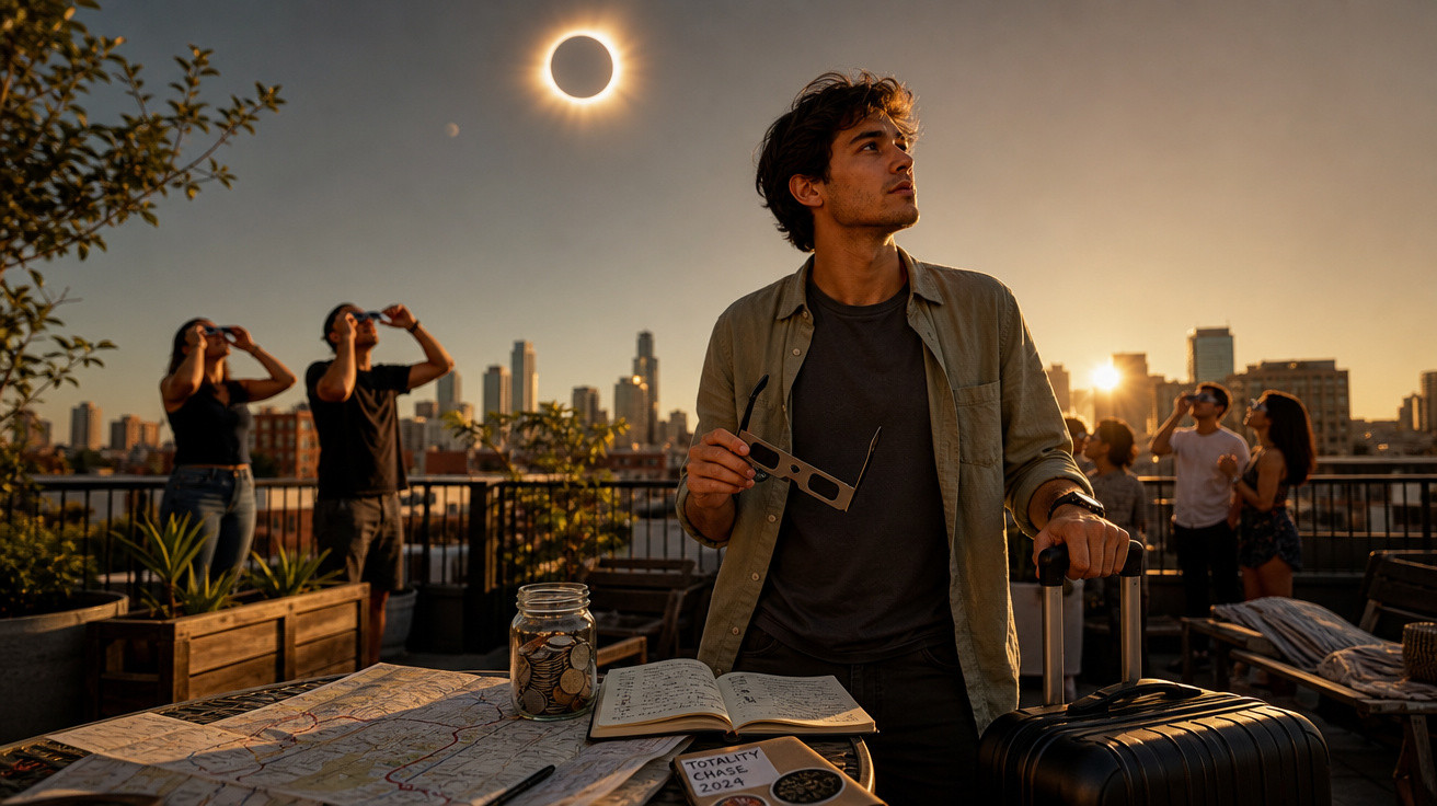 Jovem observa eclipse solar em terraço com mapa, caderno e pessoas ao fundo em cidade ao entardecer.