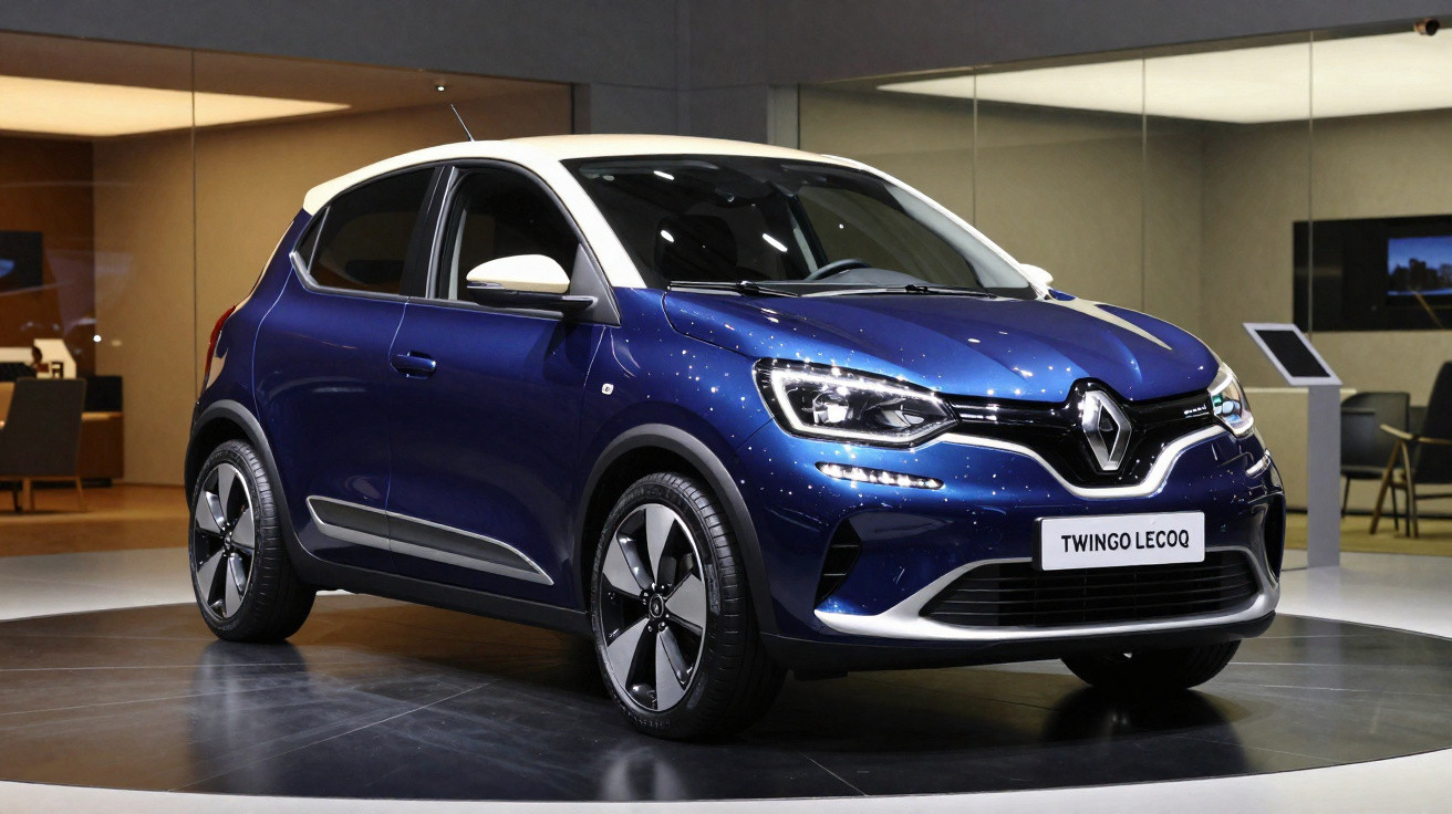 Carro compacto Renault Twingo LeCoo azul com teto branco em salão de automóveis moderno.