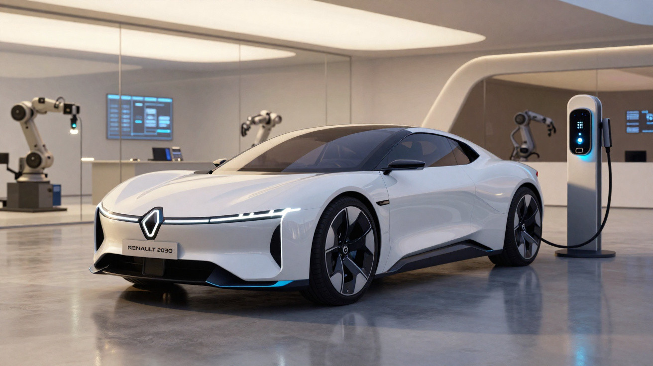 Carro elétrico esportivo branco da Renault 2030 sendo carregado em estação futurista interna.