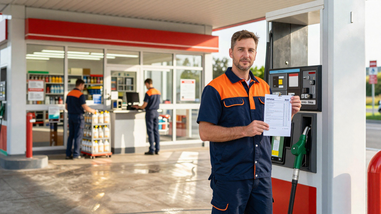 Funcionário de posto de combustível segurando documento ao lado de bomba de gasolina com colegas ao fundo.