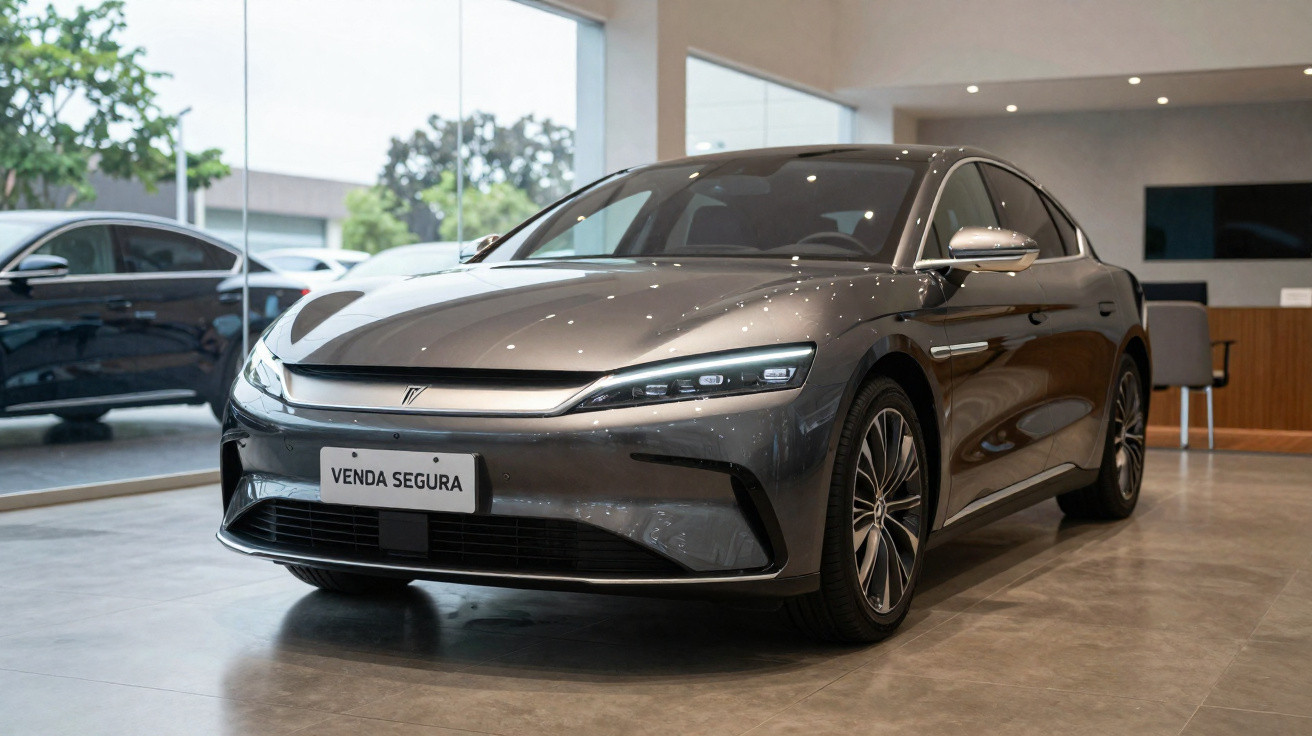 Carro cinza moderno em exposição dentro de showroom com placa escrito “Venda Segura”.