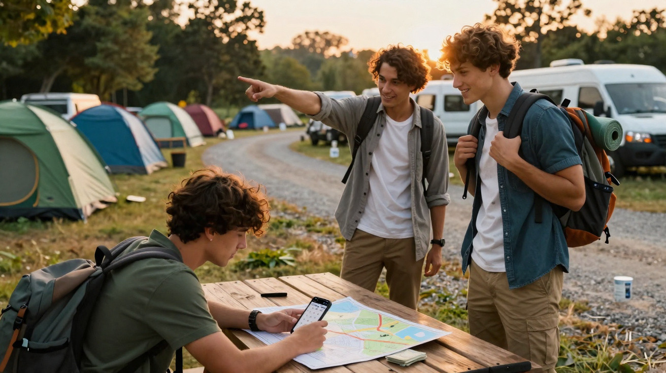 Três jovens com mochilas consultando um mapa em uma mesa de acampamento ao ar livre, com tendas ao fundo.