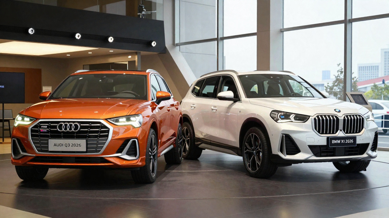 Dois SUVs 2026, Audi Q3 laranja e BMW X1 branco, expostos em showroom moderno com piso de cimento polido.