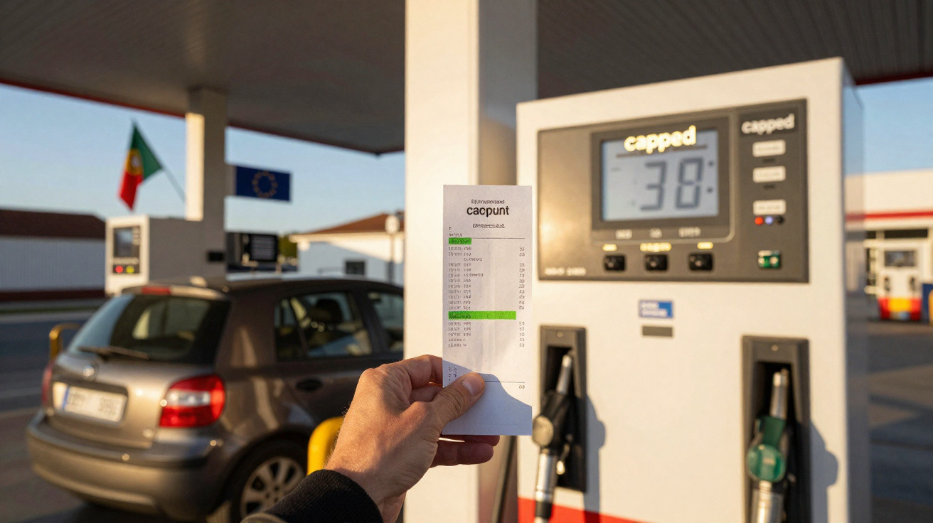 Pessoa segurando nota fiscal em posto de combustível com carro e bombas de gasolina ao fundo.