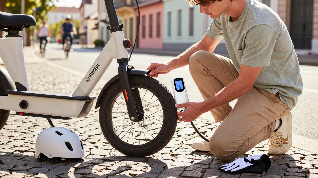 Homem abastecendo pneu de bicicleta elétrica com compressor portátil na calçada de rua urbana.