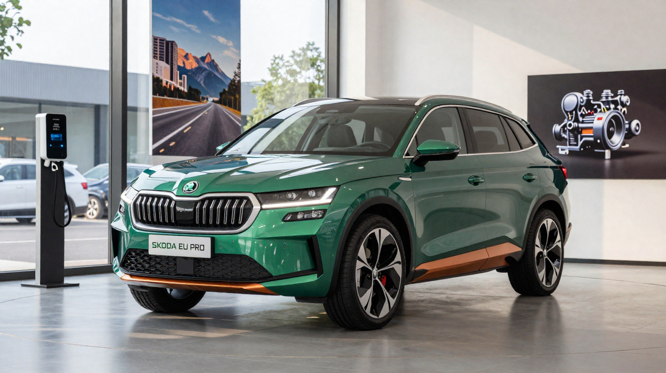 Carro elétrico verde Skoda Enyaq iV Pro em exposição dentro de showroom moderno.