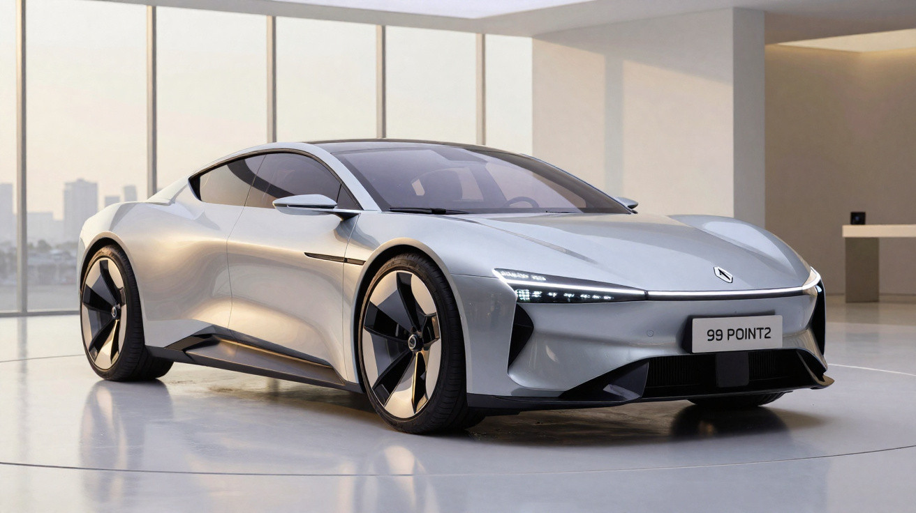 Carro elétrico esportivo prata com design futurista em ambiente minimalista e iluminação natural.