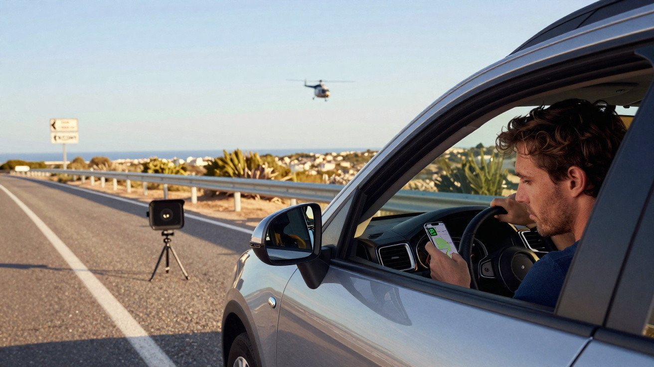 Homem dentro de carro parado à beira da estrada consultando o GPS no celular, com drone ao fundo voando.