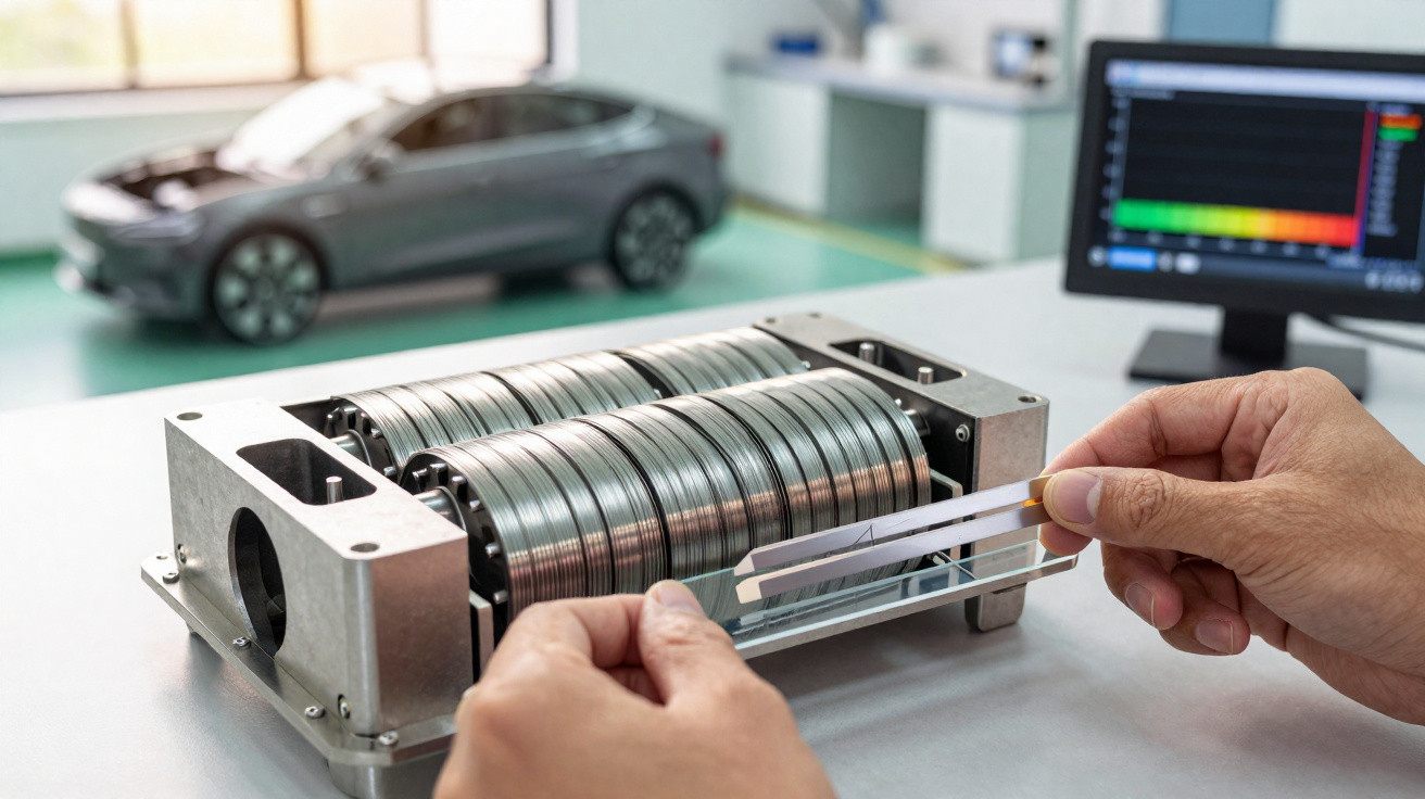 Mãos segurando amostra em equipamento de teste com carro elétrico e monitor ao fundo em laboratório.