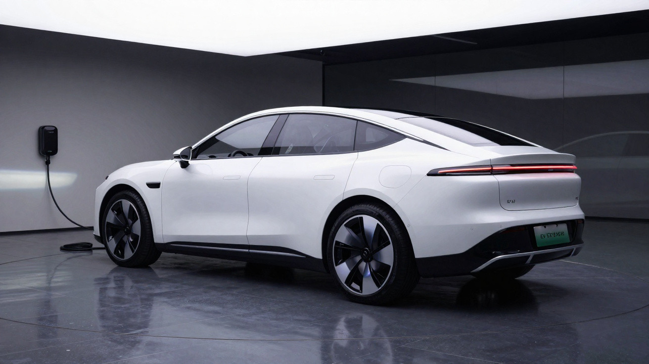 Carro elétrico branco carregando em estação de recarga em ambiente interno moderno e minimalista.