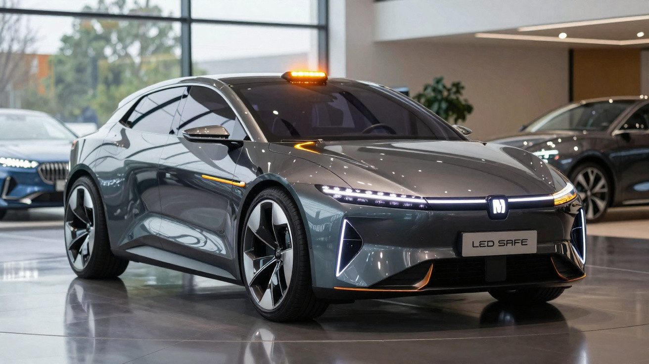 Carro elétrico cinza com design futurista e luzes LED, exibido em showroom moderno e iluminado.