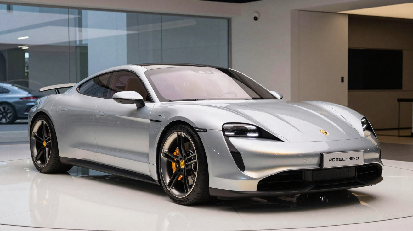 Carro esportivo elétrico Porsche Taycan prata exibido em showroom moderno e bem iluminado.