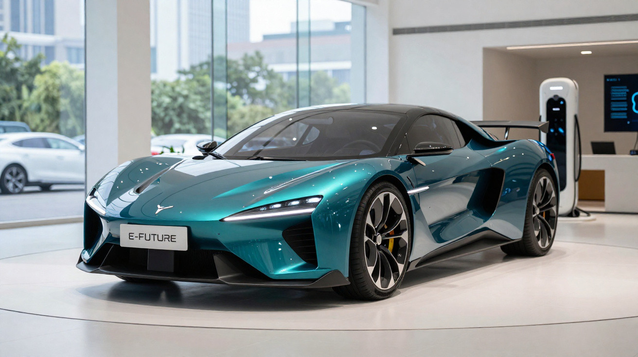 Carro esportivo elétrico azul metálico exposto em showroom moderno com vidro panorâmico ao fundo.