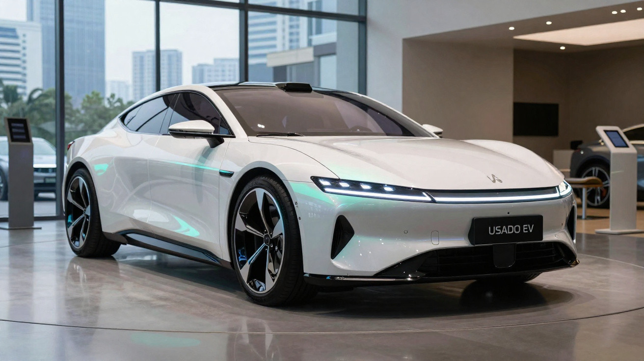 Carro elétrico branco moderno em showroom com placa "USADO EV" e iluminação LED frontal.