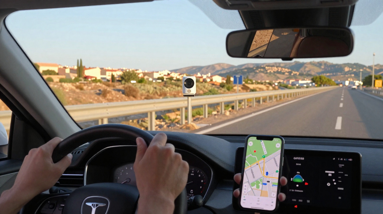 Pessoa dirigindo um Tesla com celular exibindo GPS e câmera instalada no para-brisa no caminho de estrada.