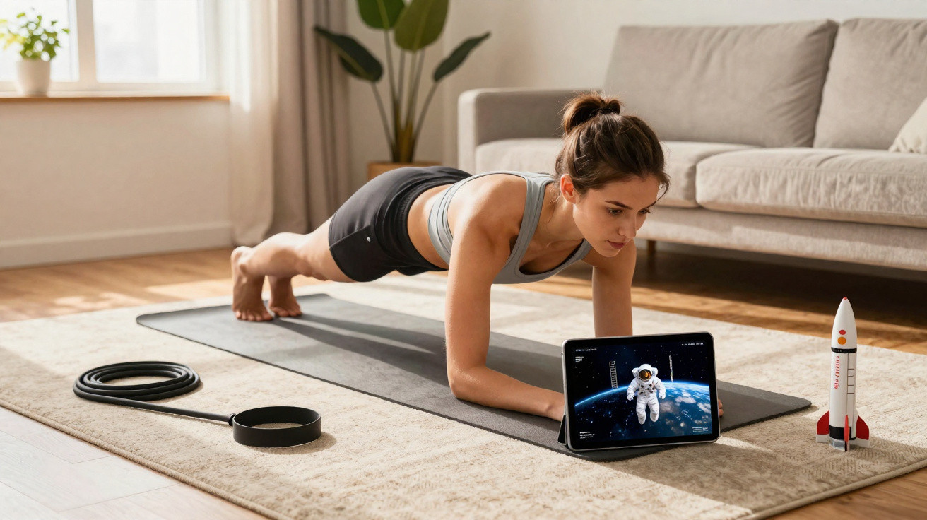 Mulher faz prancha em tapete de yoga enquanto acompanha vídeo de astronauta em tablet na sala de estar.