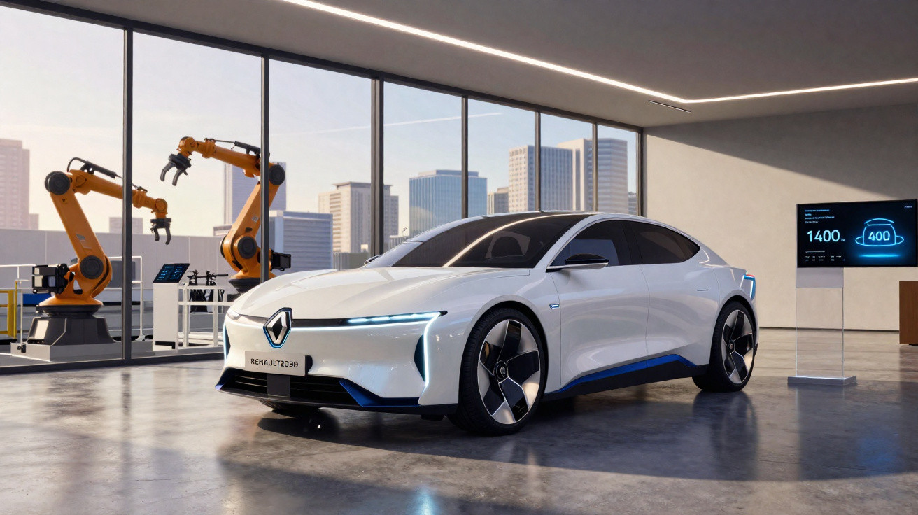 Carro elétrico branco futurista Renault 2030 em laboratório com braços robóticos e painel digital.