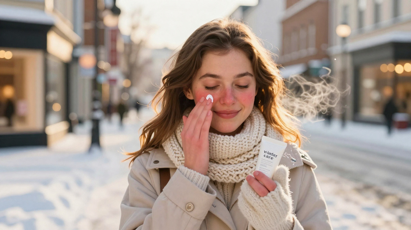 Mulher com bochechas vermelhas aplicando creme hidratante no rosto em dia frio de inverno na rua.