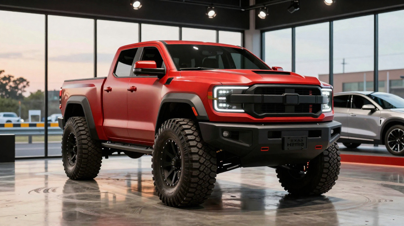 Picape vermelha off-road com pneus grandes exibida em showroom moderno com paredes de vidro.