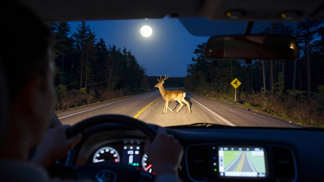 Veado atravessa estrada à noite sob a lua cheia, visto do ponto de vista do motorista dentro do carro.