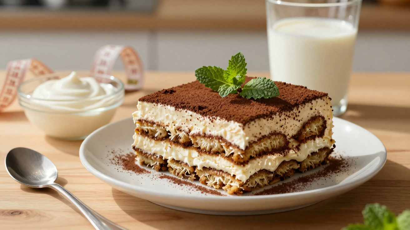 Fatia de tiramisu com cacau em pó e folha de hortelã, ao lado de copo com leite e creme.