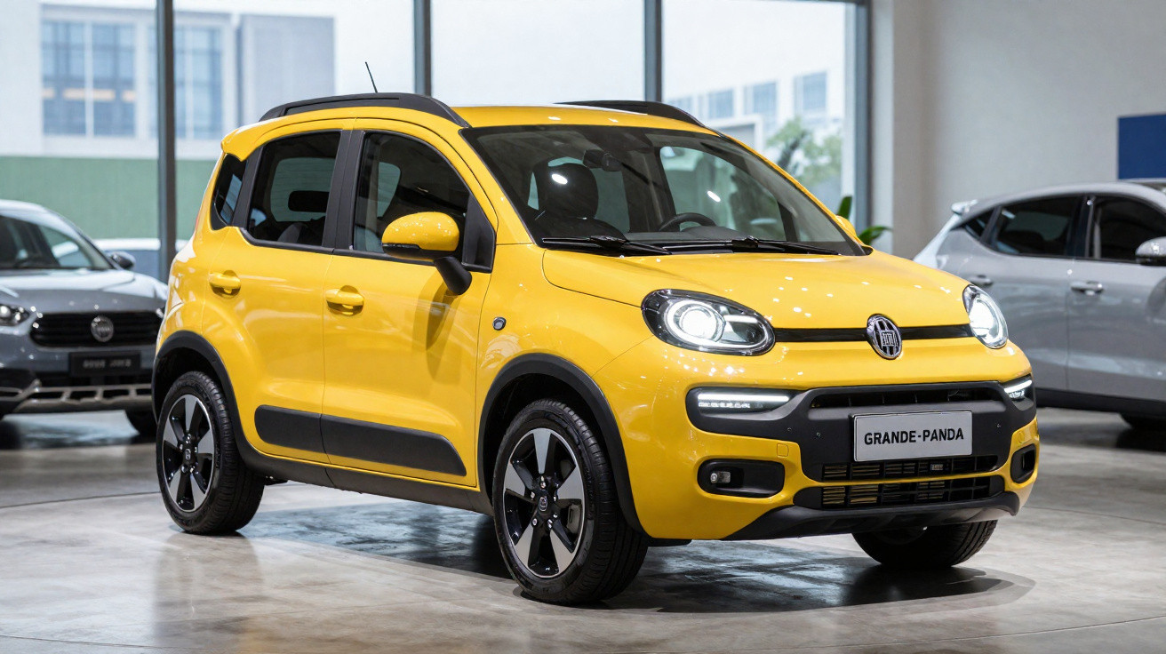 Carro compacto amarelo Fiat Grande-Panda exibido em showroom com outros veículos ao fundo.