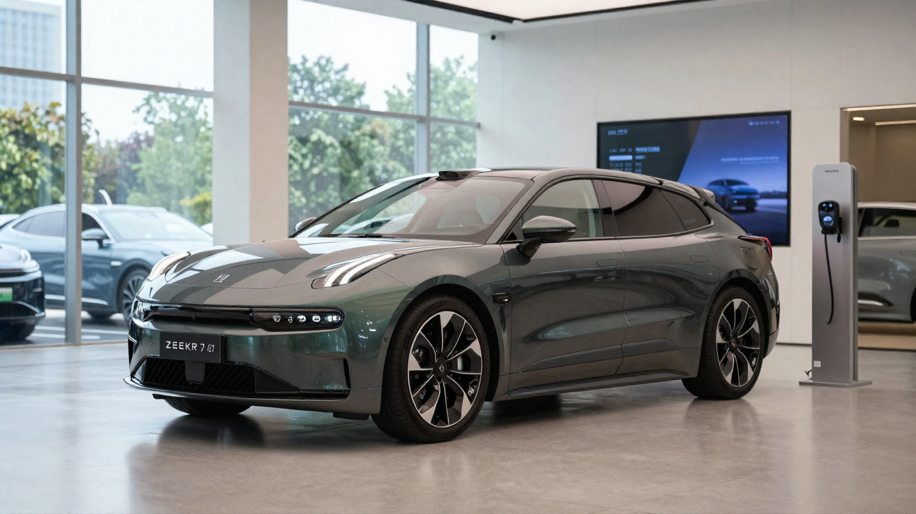 Carro elétrico Zeekr 001 cinza escuro em showroom com estação de recarga ao lado.