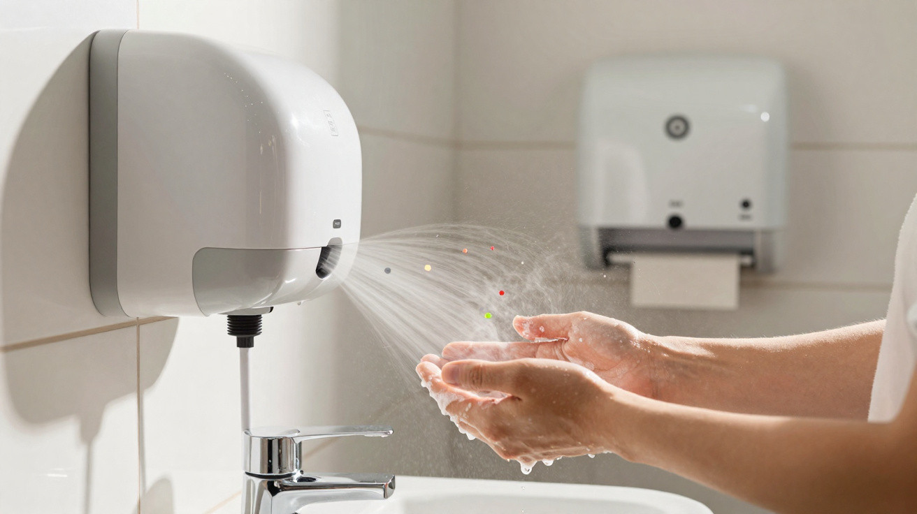 Dispenser automático liberando sabão em espuma nas mãos de uma pessoa sobre pia em banheiro claro.